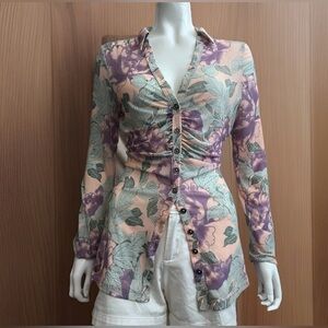 Free People Green and Purple top / Blouse Long Sleeve Button Down Small